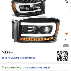 New in box DNA Motoring HL-HPL-RM06-G-BK-AM For 2006 to 2009 Dodge Ram Truck 1500 2500 3500 Pair LED DRL+Sequential Turn Signal Projector Headlight La