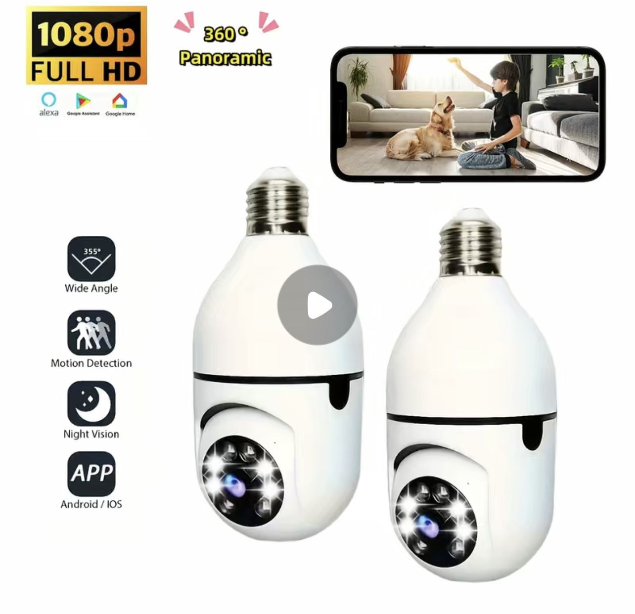 1080P HD PTZ Wi-Fi Smart Light Bulb Security Camera NEW