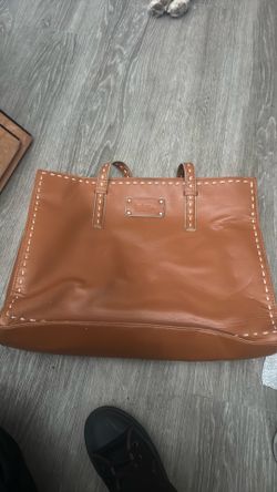 Tan Leather Tote Bag with White Stitching
