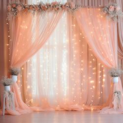 20ft x 10ft Peach Backdrop Curtain with Lights String for Parties, Sheer Tulle Wedding Photo Backdrops Drapes for Baby Shower Birthday Party Decoratio