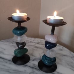 $24 Pair of Unique Polished Rock Black Metal Base Votive Sculpture Candle Holders 5" Tall 