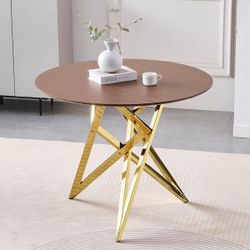 37 in. Modern Wood Outdoor Round Dining Table With Golden Metal Legs, Suitable For 2 To 4 People, Walnut Color.