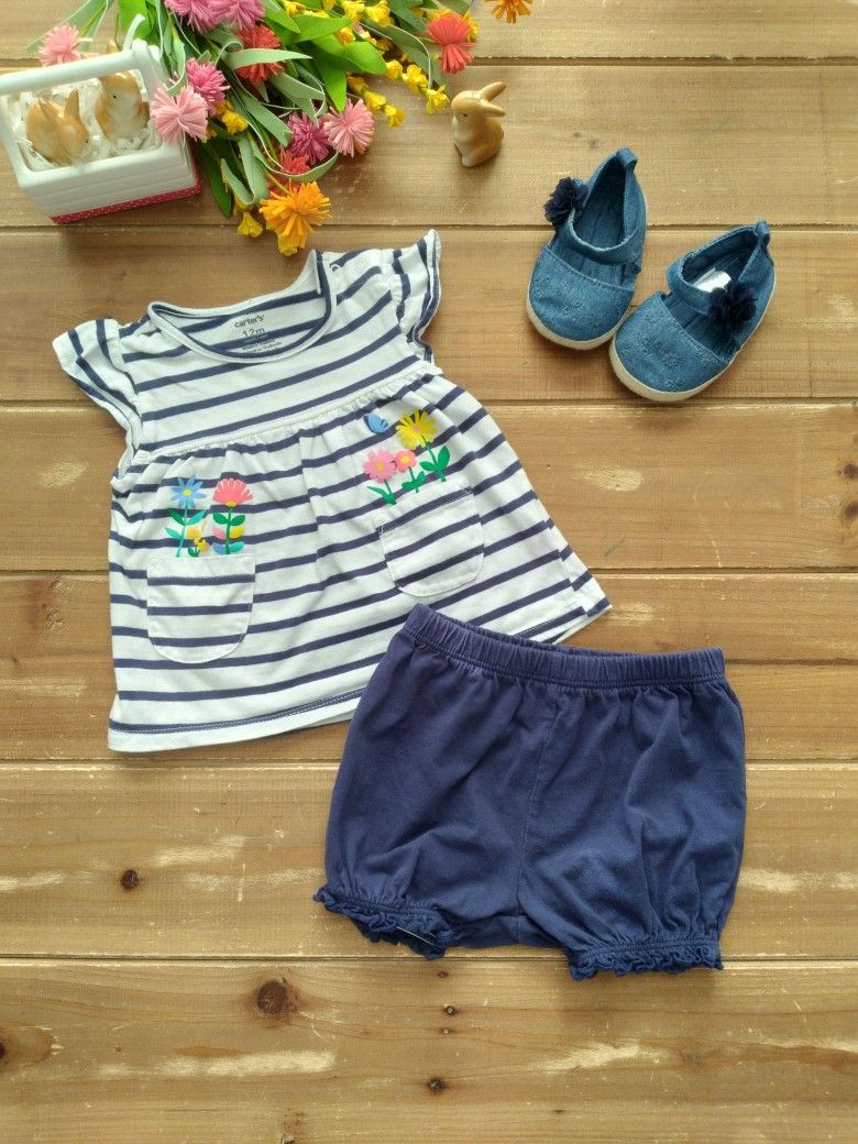 12MOS 2-PIECE SET NAVY & WHITE STRIPED ANGEL SLEEVE TUNIC W/MATCHING BLOOMERS 