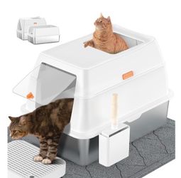 Stainless Steel Litter Box with Lid,Extra Large Enclosed Removable Cat Litter Boxes for Big Cats,Top Entry Metal Kitty Litter Box with Cover.Anti-Leak