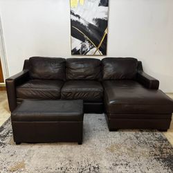Brown Leather 3-Seater Sectional Sofa with Ottoman