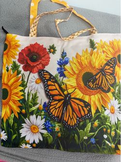 Bolsa de Tela Ecológica con Cierre - Diseño Girasoles y Mariposas (Nueva)