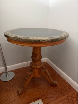Round Side Table with Stone Top & Carved Wood Base