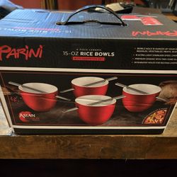 Parini Ceramic 15oz Rice Bowls with chopsticks, Set of 4, red, brand new