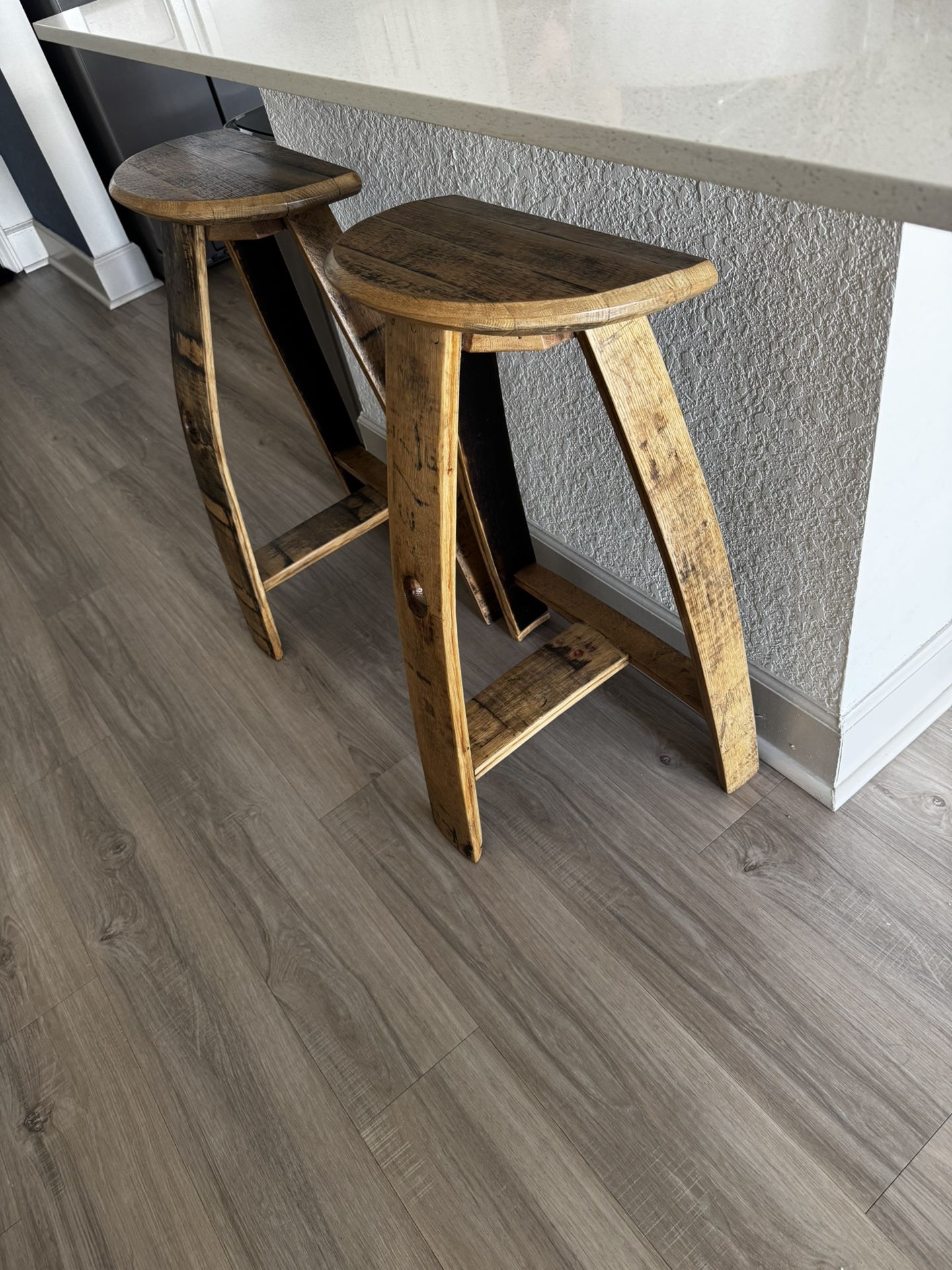 Two Unique 31” Wooden Barrel Bar Stools 