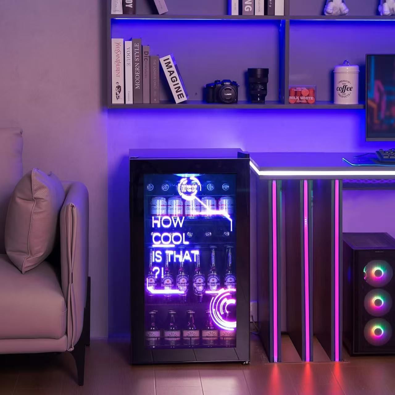HCK Gaming Mini Fridge 126 Can, Gaming Fridge with Cyberpubk RGB LED Lights, Small Beverage Fridge with Glass Door, Mini Fridge for Gamers, Game Room,