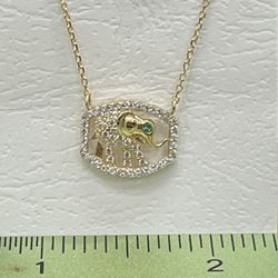 14K Solid Gold Elephant Charm With Chain CZ Stone Best Deal