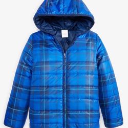 Boys Epic Threads Reversible Puffer Jacket Camp Plaid Blue Size XL Extra Large 18 20 Zip Up Long Sleeve 
