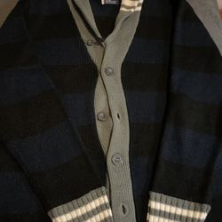 Men’s Unionbay Button Up Navy Blue Cardigan Sweater Grey White Stripes 