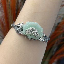 S925 silver jade flowers chunky cuff bangle bracelet