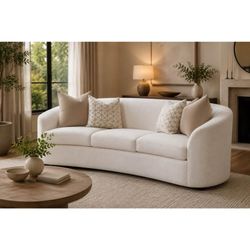 New Curved Bouclé Sofa – 88.5” Modern Cream Sofa w/ Accent Pillows - Delivery Available