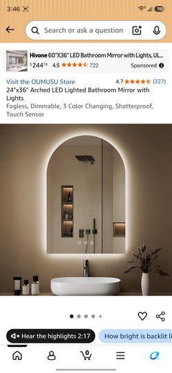 OUMUSU 24x36 Arched LED Backlit Bathroom Mirror
