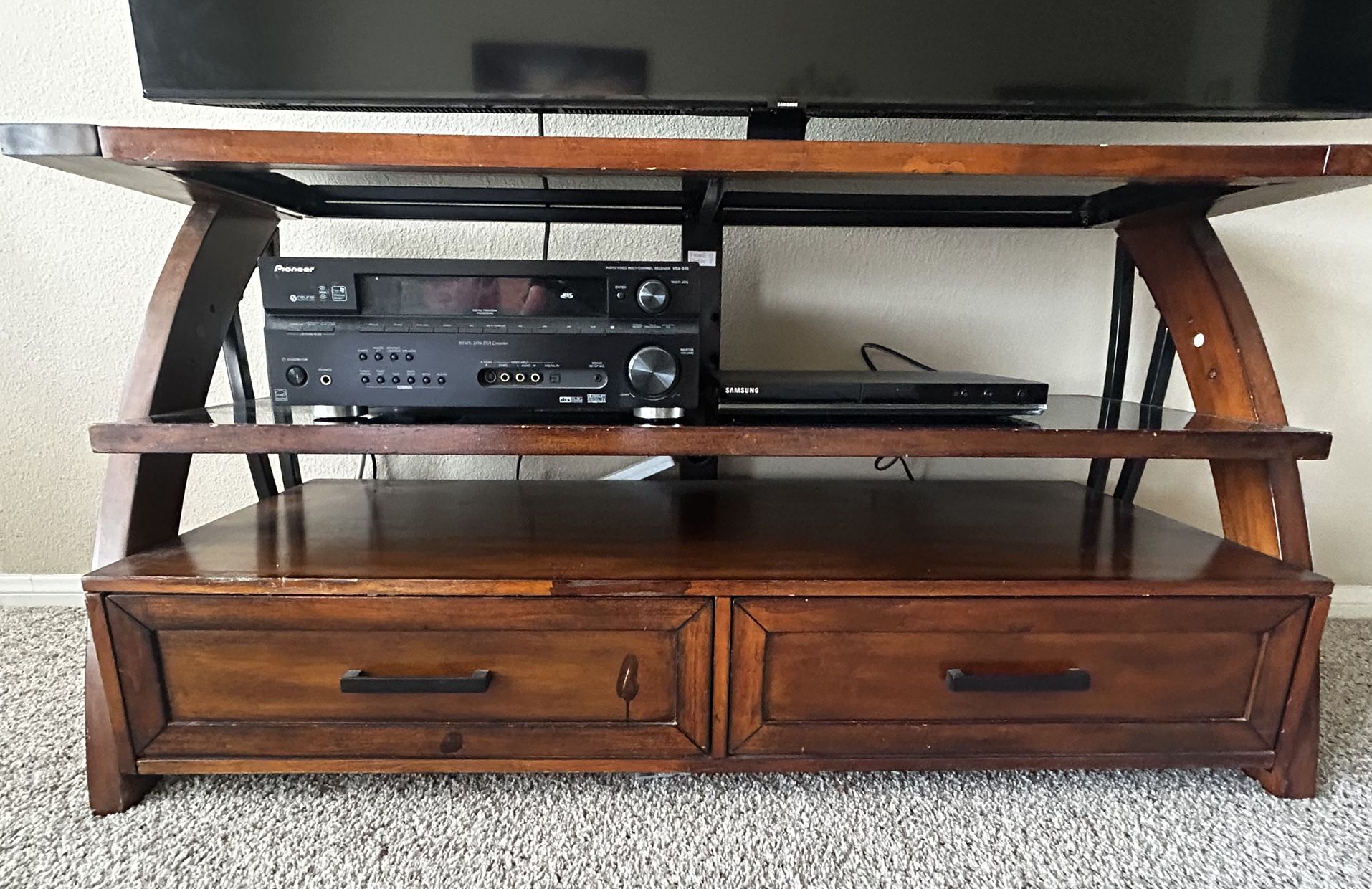 Real Wood TV Stand Console with glass Top