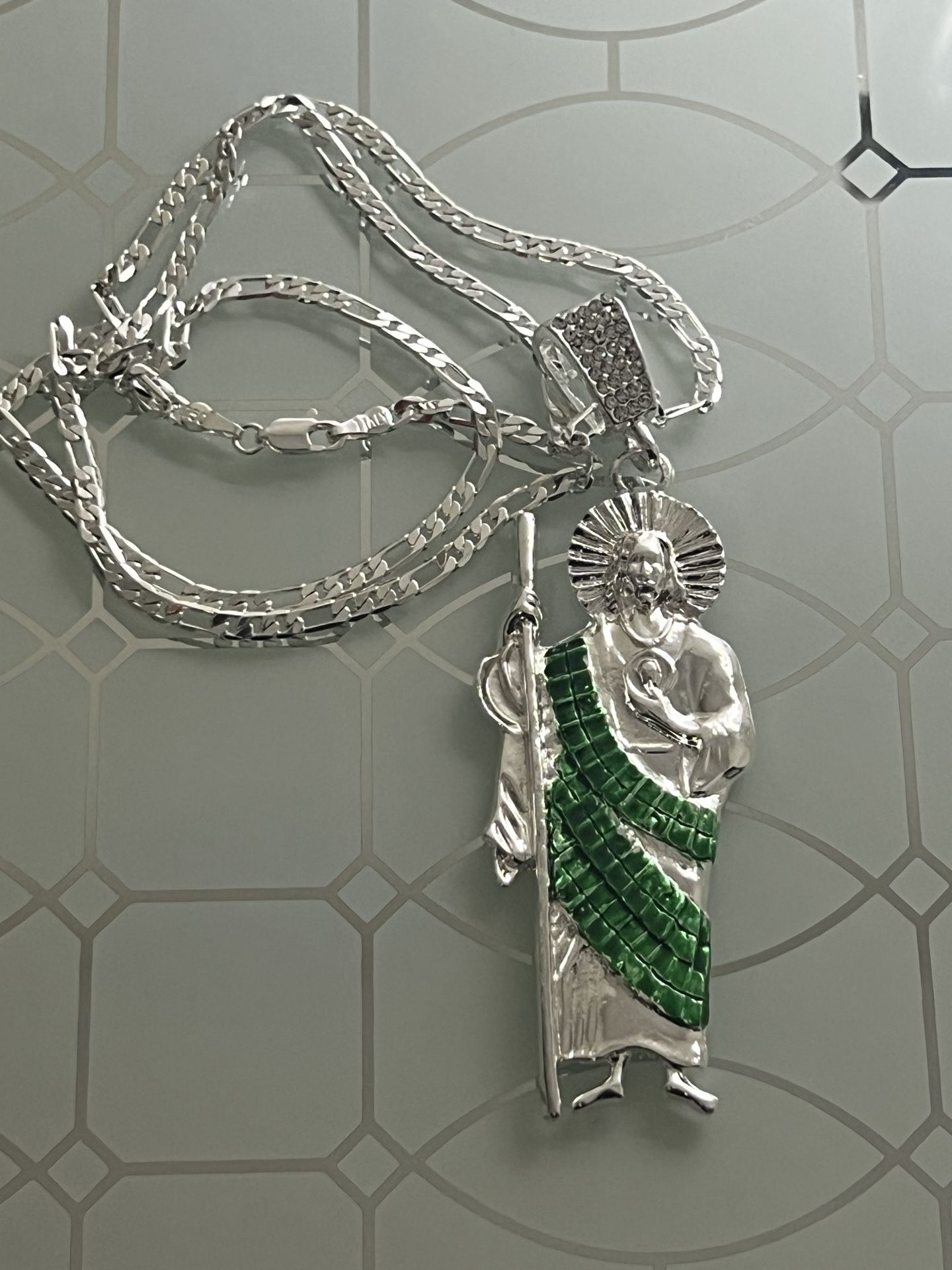Saint Jude Green Robe Silver Plated Pendant With Chain Necklace 22” 3mm 