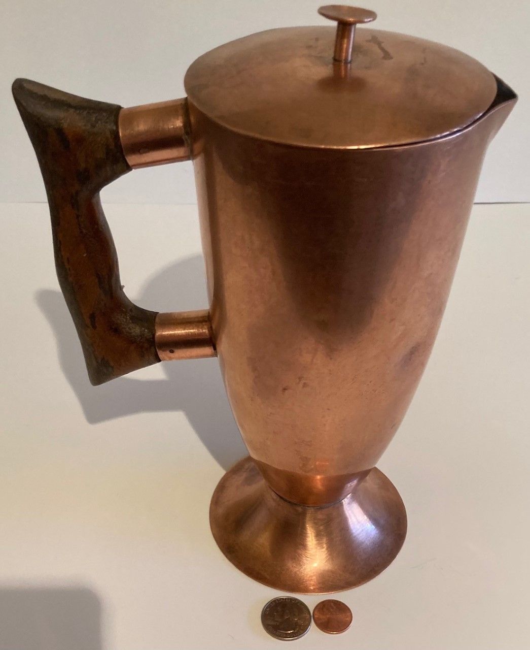 Vintage Metal Copper Serving Pitcher, Wooden Handle, 10" Tall, Kitchen Decor, Table Display, Shelf Display, This Can Be Shined Up Even More