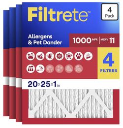 Filtrete 20x25x1 Air Filter, MERV 11, MPR 1000, Allergens & Pet Dander, 3-Month AC and Furnace Filters, Cleaner Air, Reliable Airflow, 4 HVAC Filters