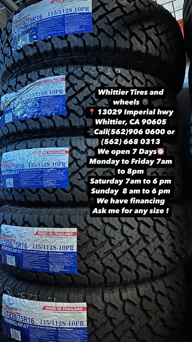 SET OF NEW TIRES, LT225/75R16 ATLANDER AT, INCLUDING MOUNTING AND BALANCING. ASK ME FOR ANY SIZE OR BRAND, LLANTAS NUEVAS