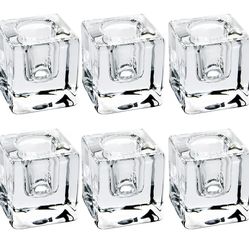 6 PCS Square Glass Taper Candle Holder, Crystal Clear Candlestick for Dining Table, Wedding, Thanksgiving and Christmas.…