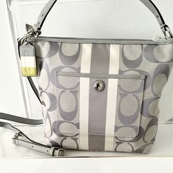 NWT COACH Sig Hamptons Weekender Silver Stripe Jacquar Canvas Shoulder Bag 10055