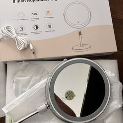 Makeup Mirror with Lights, Height & Brightness Adjustable with 10x Magnification, 8" Rechargeable Double Sided Vanity with 3 Colors Lights