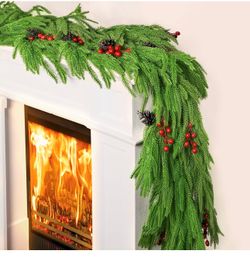 New 9 FT Christmas Norfolk Pine Garland Real Touch Artificial Greenery Garland Faux Pine Garlands for Mantel Fireplace Table Stairs Indoor Outdoor Chr
