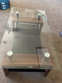 Tempered Glass Coffee Table with Wood Base