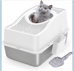 Top Entry Cat Litter Box with Lid, Stainless Steel Enclosed Cat Kitty Litterbox, Top Opening Large Enclosure Metal High Side Litter Pan Tray Box with 