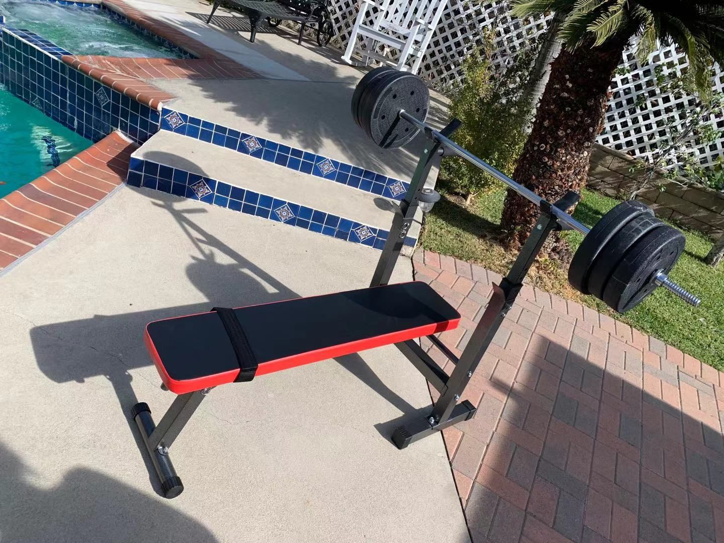 Foldable Space Saving Bench Press With bar！5 foot standard barbell dumbbell handles and 95LB weight set