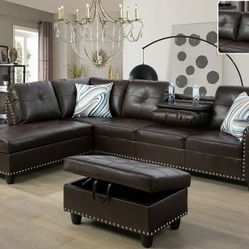 Brand New White Leather Sectional With A Drop Down Table & Storage Ottoman 