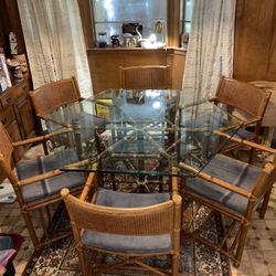 McGuire Bamboo Rattan Glass Top Dinning Set