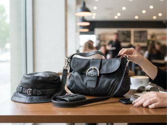 Coach Black Leather Shoulder Bag with Buckle Closure