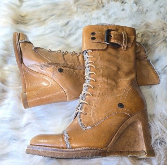 Apeppaza Flute 4 Inch Heel Lace Up Wedge Ankle Boot