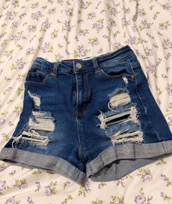 Wax Jean Distressed Rolled-Hem Dark Blue Denim Shorts