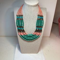 Beautiful Coral And Turquoise Colored Multi Strand Bead Necklace 