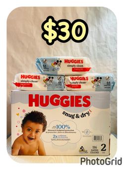 Huggies Snug & Dry size 2 (116 diapers ) & (3) Huggies baby wipes (64 ct), $30 for all‼️