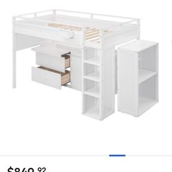 Twin Size Loft Bed with Rolling Cabinet, Desk, Drawers and Bed Side Storage