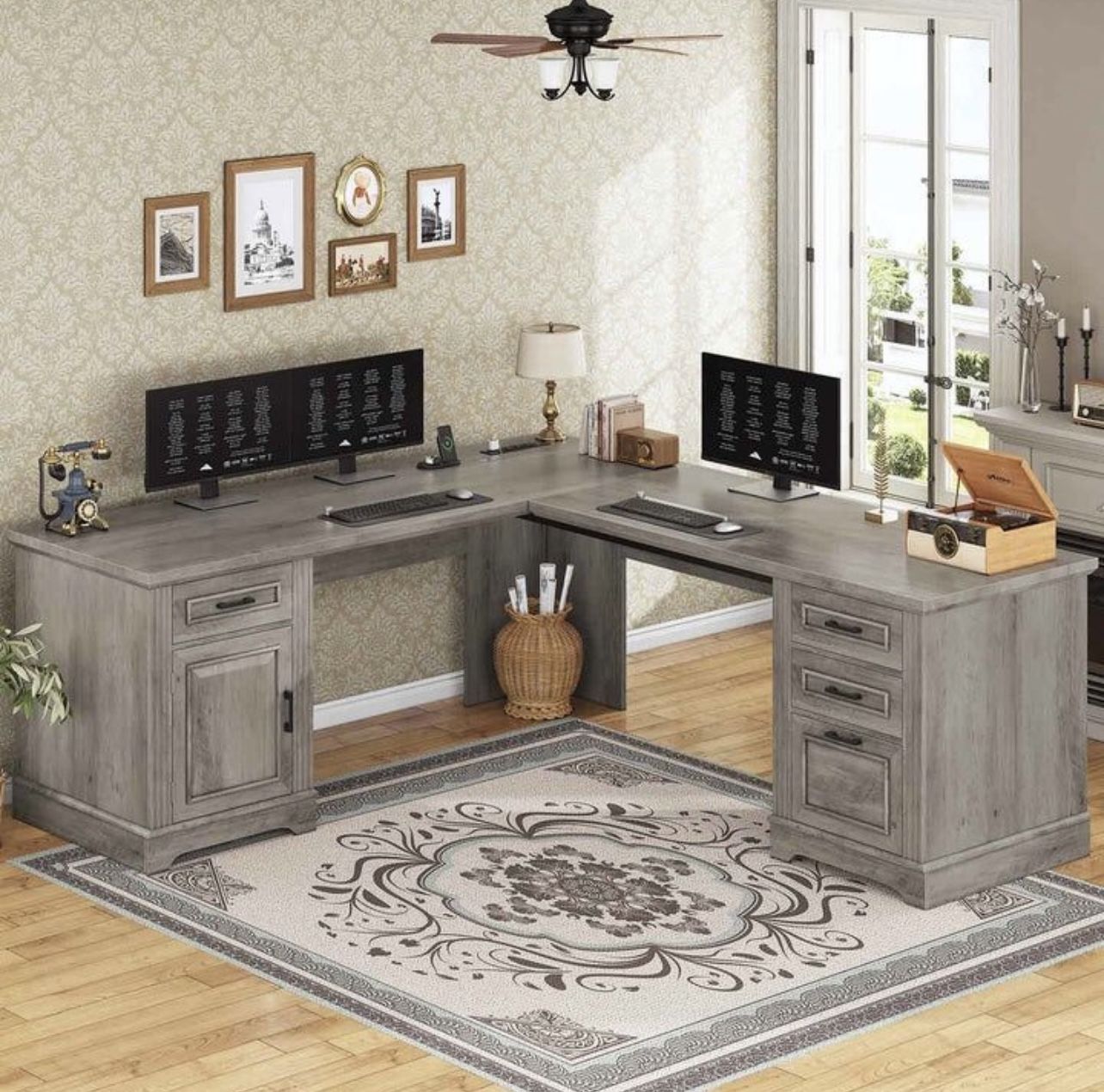 69 Inch Executive L Shaped Desk with Drawers and Storage Cabinet