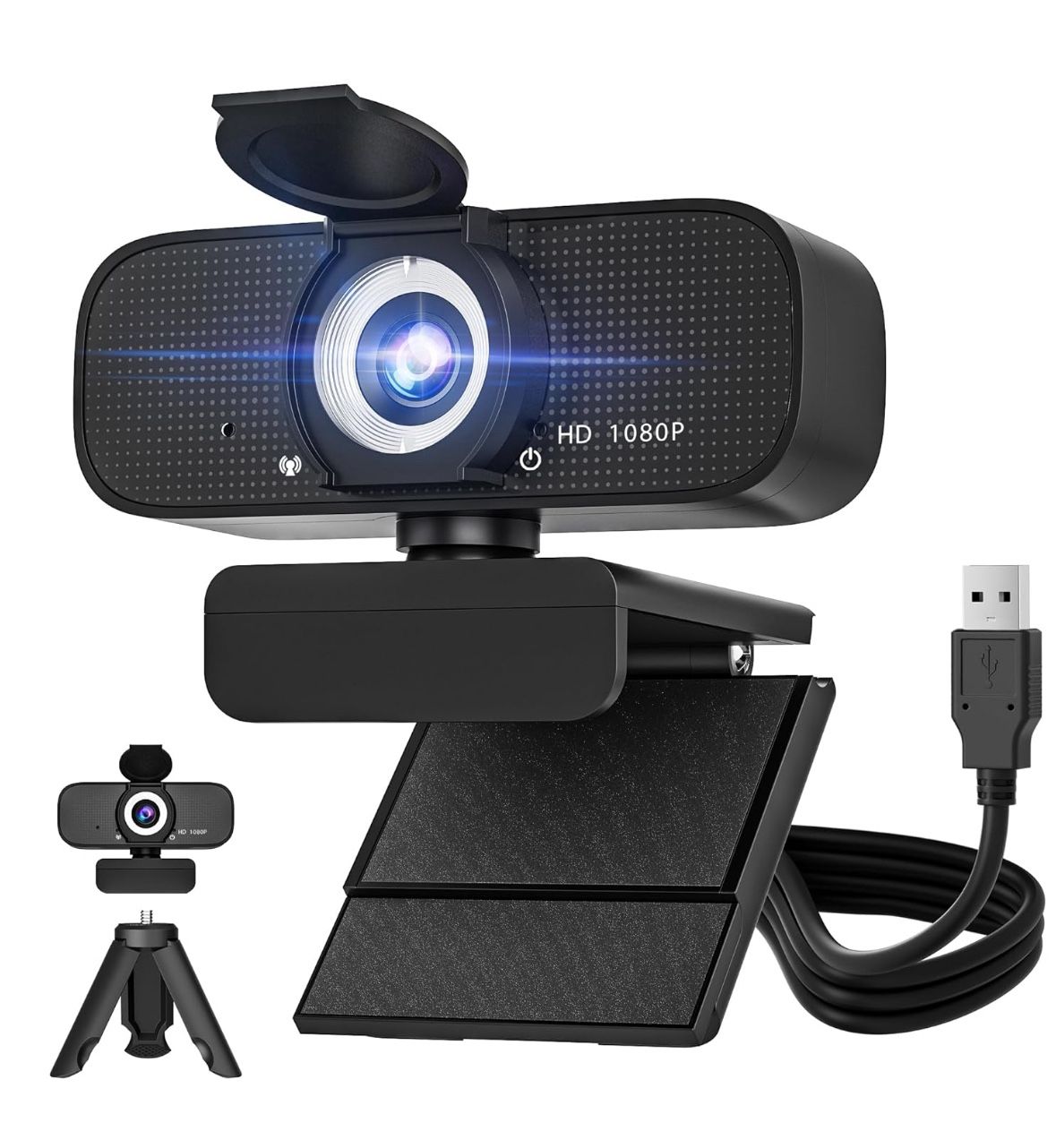 1080P Full HD Webcam with Built-in Microphone and Rotatable Tripod, Privacy Cover, for Desktop PC or Laptop Computer