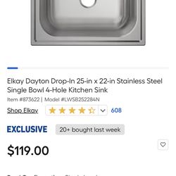 25x22x8 Stainless Steel Single Bowl Sink