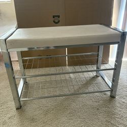Leatherette Entryway Bench with Two Metal Shoe Racks (Chrome/White)