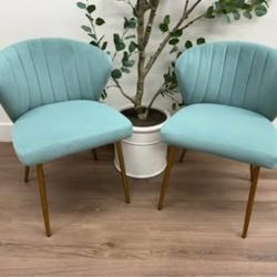 Milia Dining Chair Set of 2-Seafoam Green Dining Kitchen Living Velvet Upholstered Gold Leg New