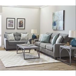 Brand New Simmons Upholstery Gray Linen Sofa + Loveseat 2PCs Set