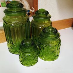 Vintage L.E. Smith Moon and Stars Emerald Green Glass Canister Set of 4