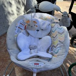 Fisher-Price Sweet Snugapuppy Deluxe Bouncer, portable bouncing baby seat with overhead mobile, music, and calming vibrations
