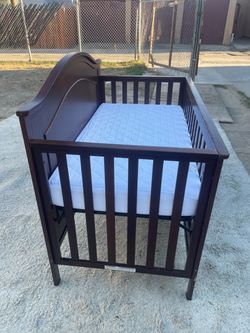 Dark Wood Baby Crib with Mattress