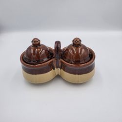 Vintage Condiment Serving Set Lids Stoneware Brown Tan Pottery Double Jelly Jam